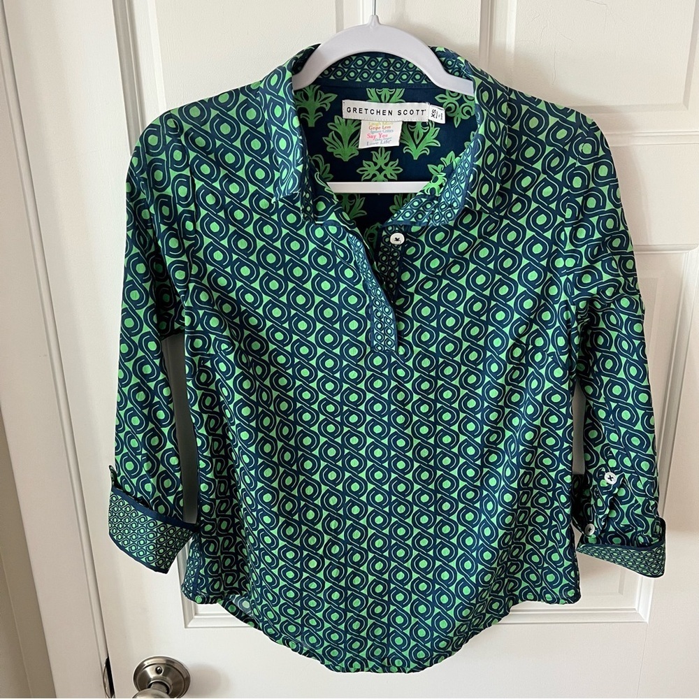 Gretchen Scott geometric patterned preppy collared placket blouse green/navy XS
